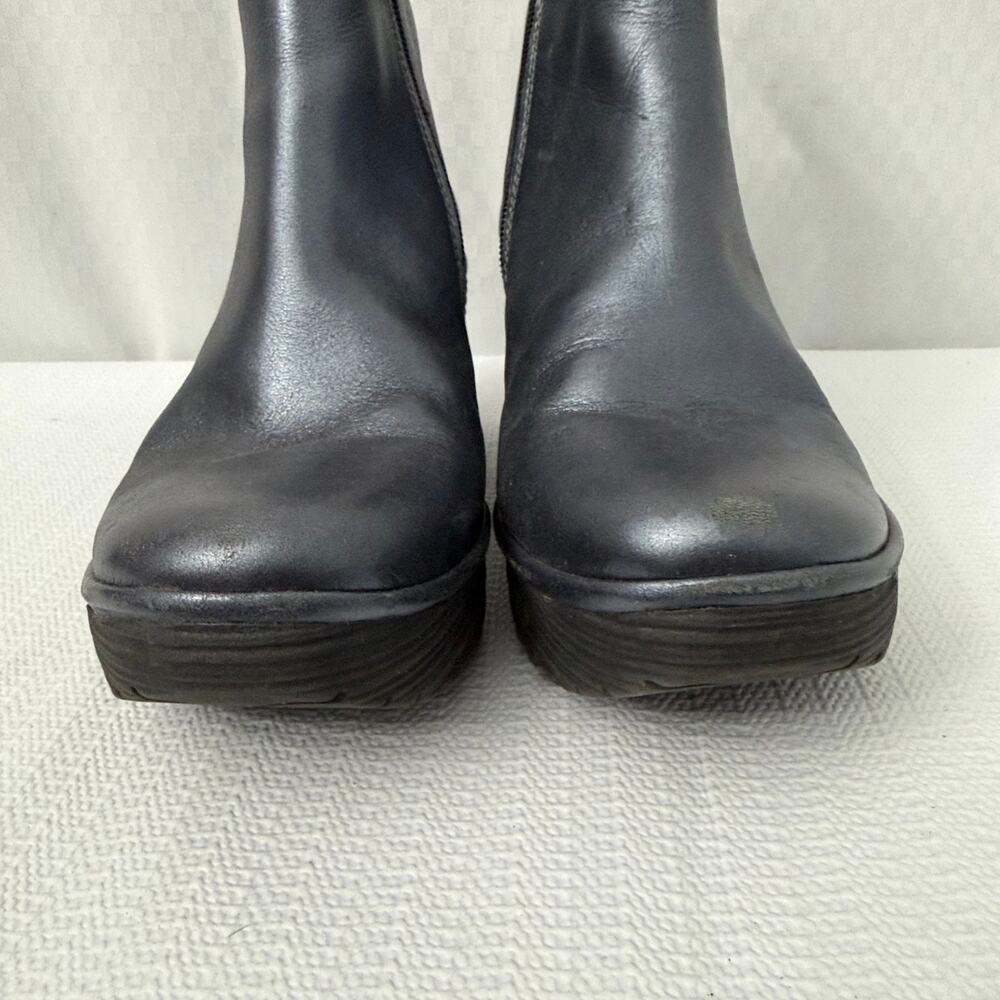 Fly London Yoss Boots Womens Size 8 Navy Blue Metallic Leather Wedge Booties 38 - Picture 2 of 12